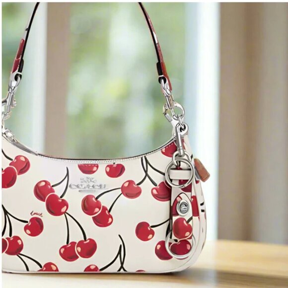 Coach Cherry Bag Charm Leather Trigger Snap Key Ring White Red CZ088 ORGPKG - Picture 2 of 5